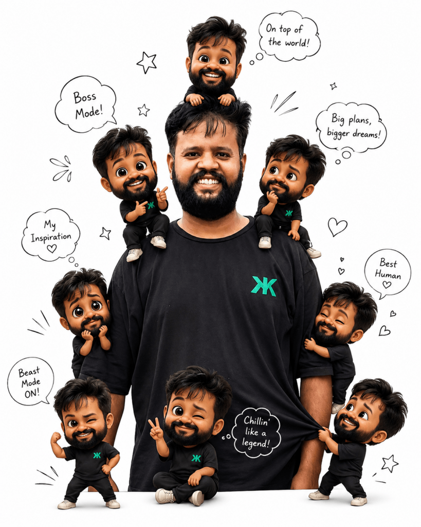 Chibi AI family illustration showing multiple miniature characters around a man