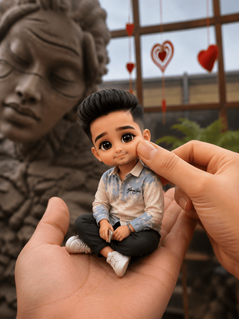 Miniature chibi boy sitting in a hand with a blurred background