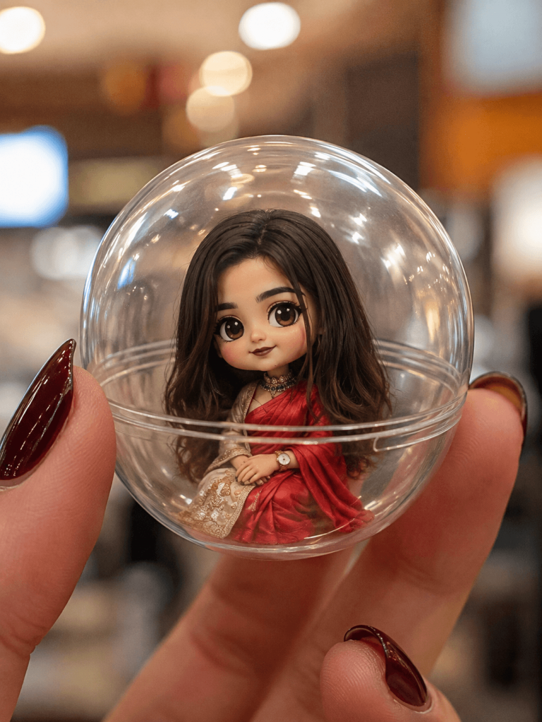 Chibi AI doll wearing a red saree inside a transparent glass bubble