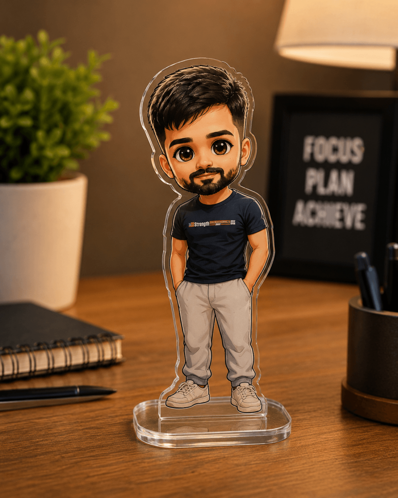 Chibi AI character displayed as an acrylic standee on a desk