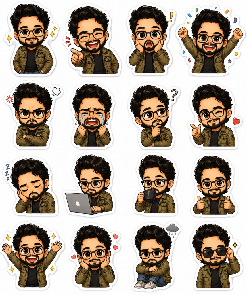 Chibi AI character sticker and emote grid showing different facial expressions
