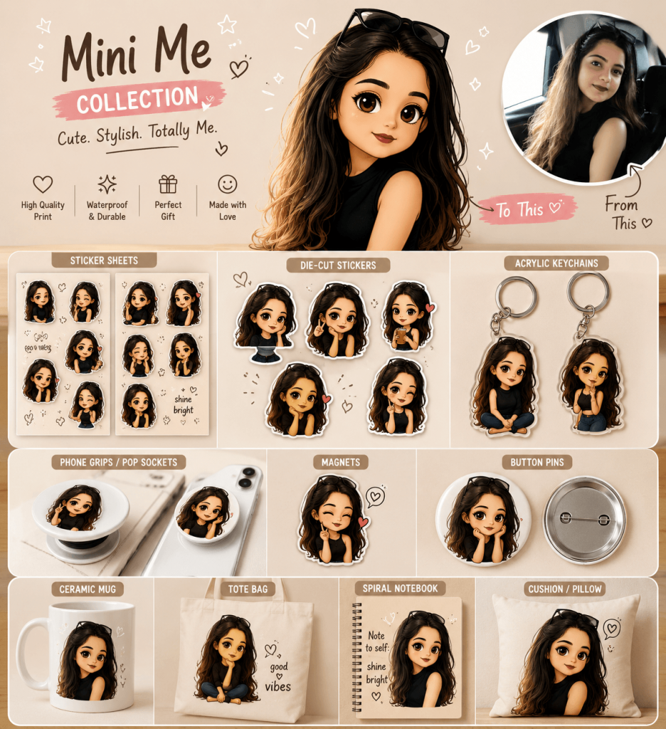 Chibi AI mini-me merchandise collection featuring stickers, keychains, mugs and accessories