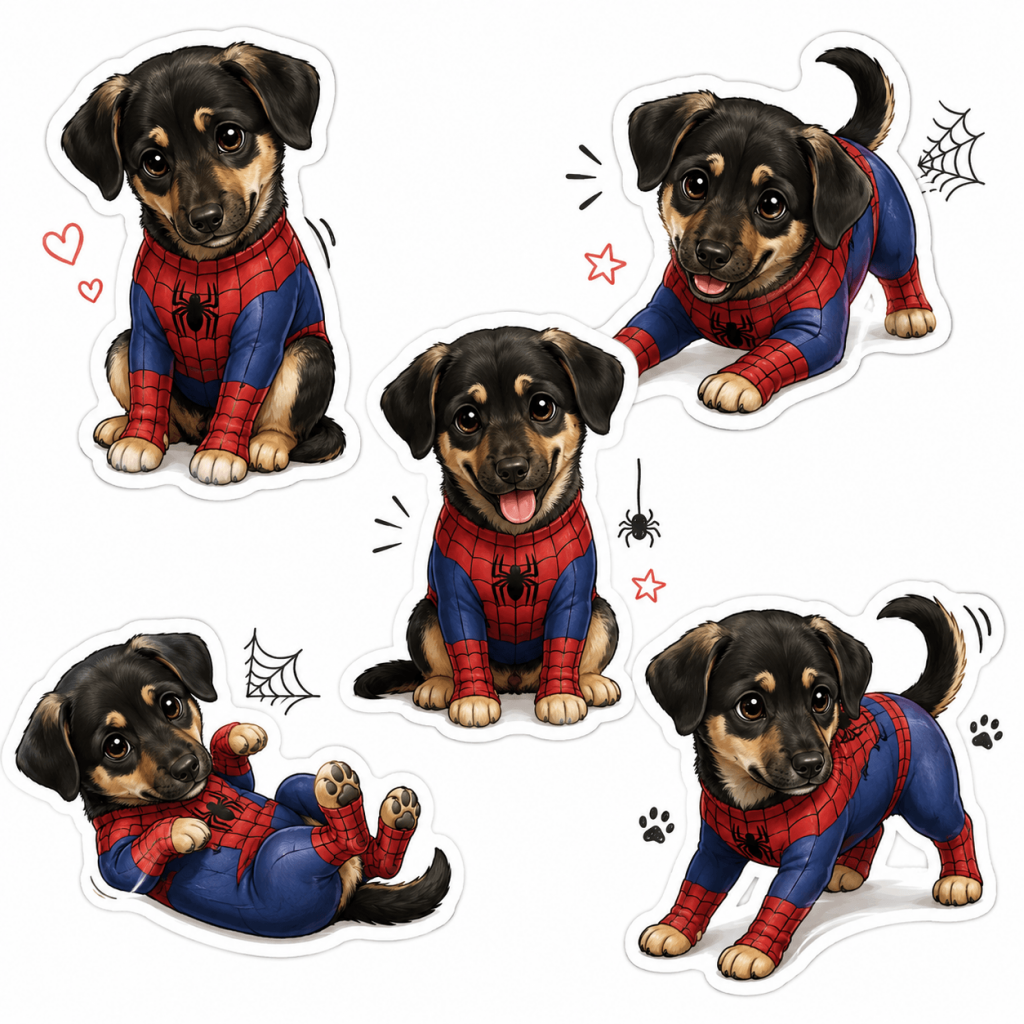 Chibi AI-generated dog wearing a Spider-Man costume in different poses