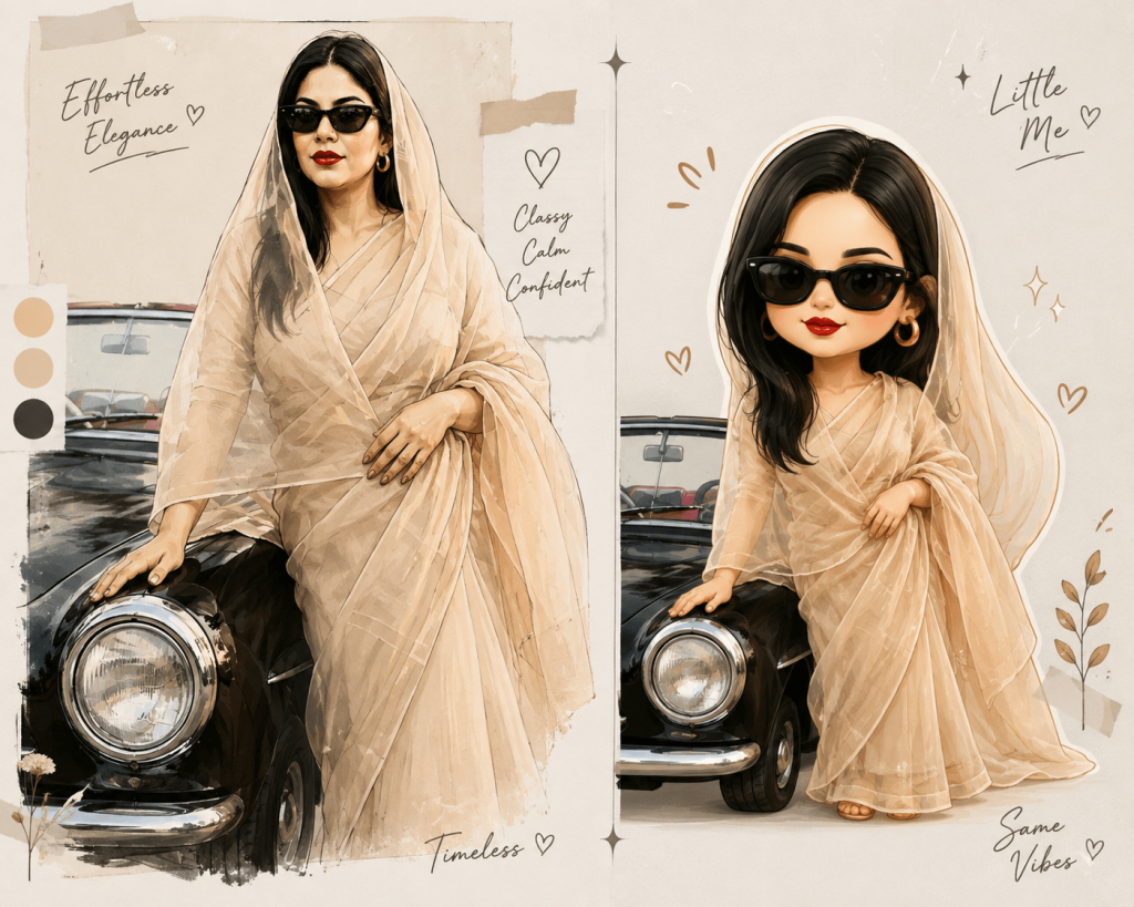 Chibi AI illustration of a woman in a traditional saree beside a vintage car
