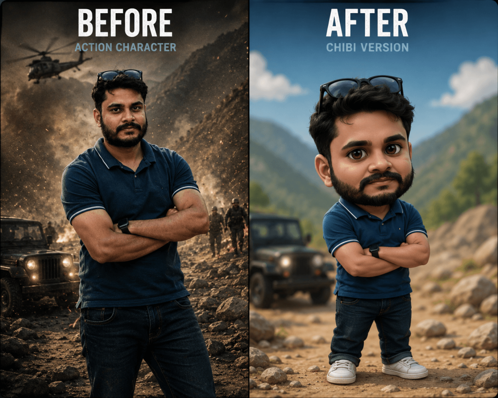 Before and after comparison showing a real photo transformed into a chibi AI character