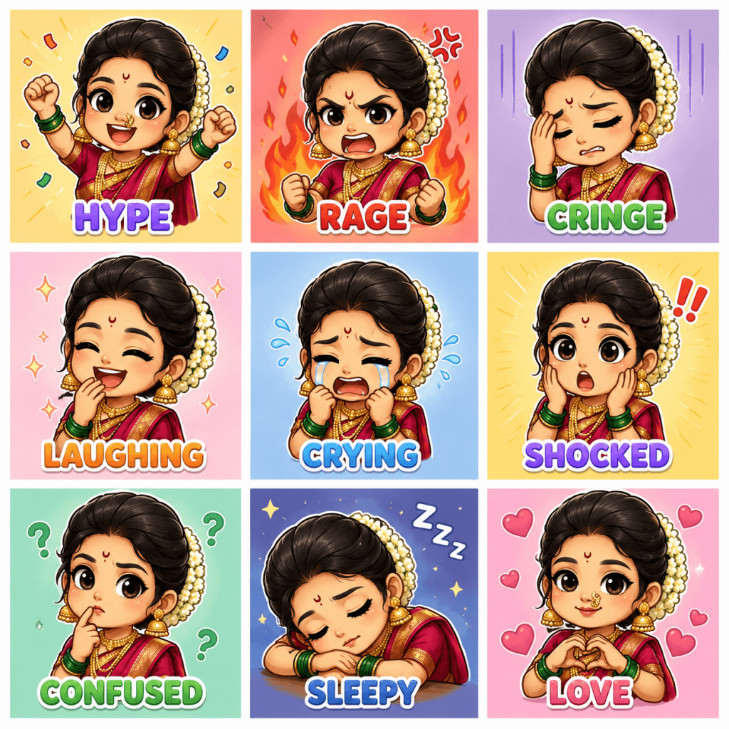 Chibi AI sticker grid of an Indian woman showing different emotions