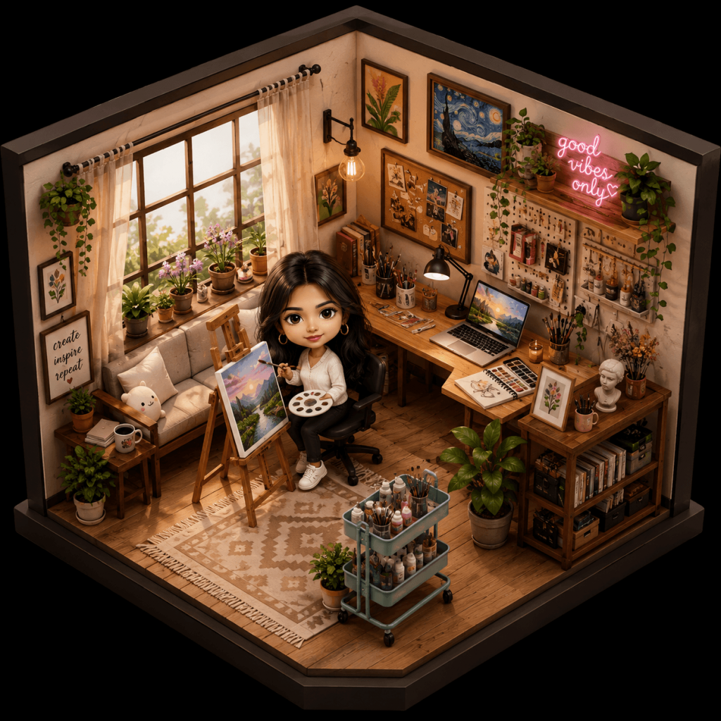 Chibi AI miniature character painting inside a cozy creative art studio