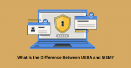 UEBA vs SIEM comparison illustration featuring a secure laptop, authentication screens, password protection, and cybersecurity monitoring symbols.
