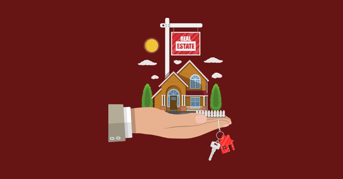 Illustration of real estate lead automation showing a house held in a hand with a real estate sign and property keys.
