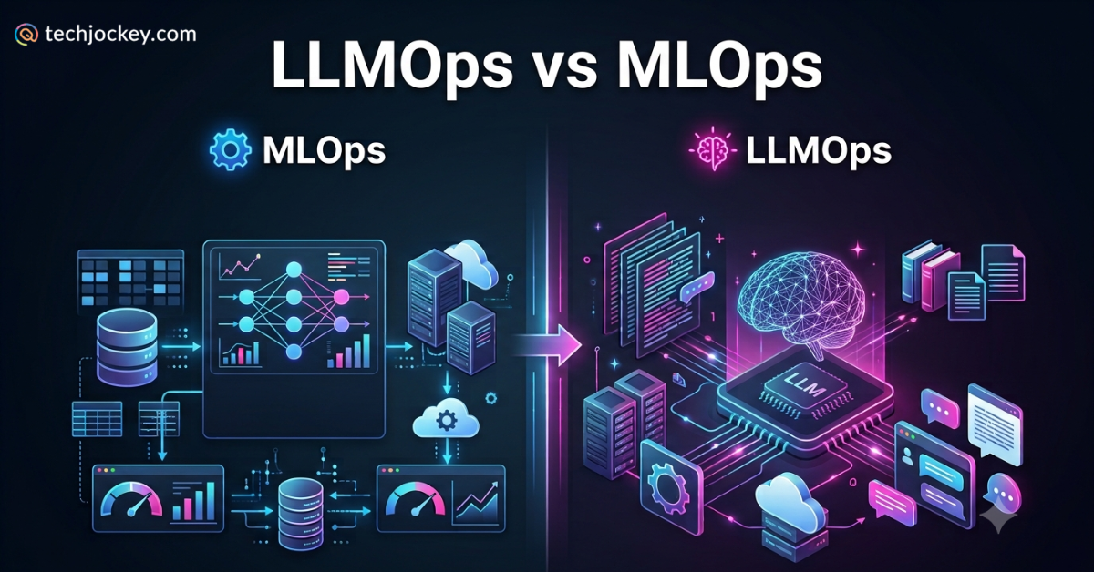LLMOps vs MLOps comparison showing machine learning operations and large language model operations workflows.