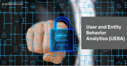 User and Entity Behavior Analytics (UEBA) cybersecurity concept with a digital lock and hand surrounded by connected technology icons.