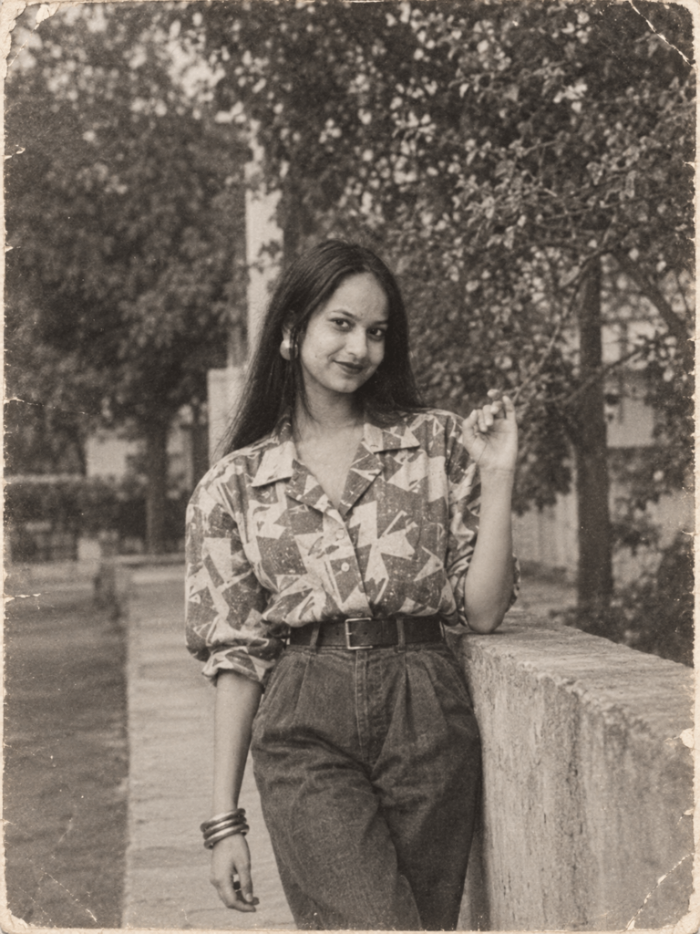 Black-and-white 1980s vintage portrait of a woman wearing retro fashion and accessories