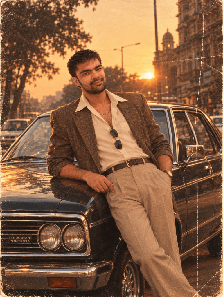1980s retro portrait of a man posing beside a classic Hindustan Contessa car at sunset