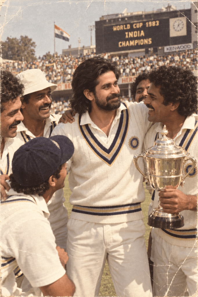 Vintage 1980s cricket team celebration photo featuring players holding the World Cup trophy in a stadium