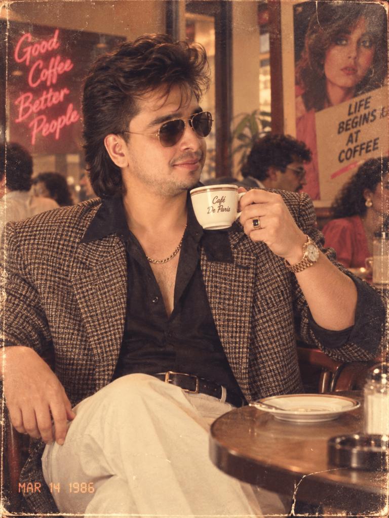 1980s influencer-style portrait of a woman in a vintage sari and traditional Indian jewelry
