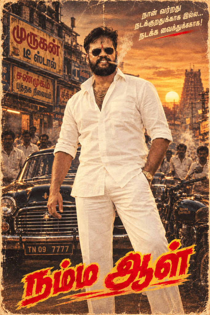 Vintage Indian movie poster-inspired portrait featuring a 1980s action hero aesthetic