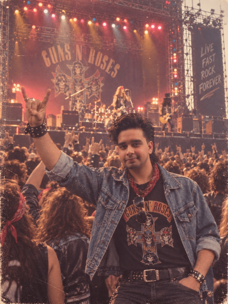 1980s rock concert fan posing in front of a Guns N’ Roses stage backdrop