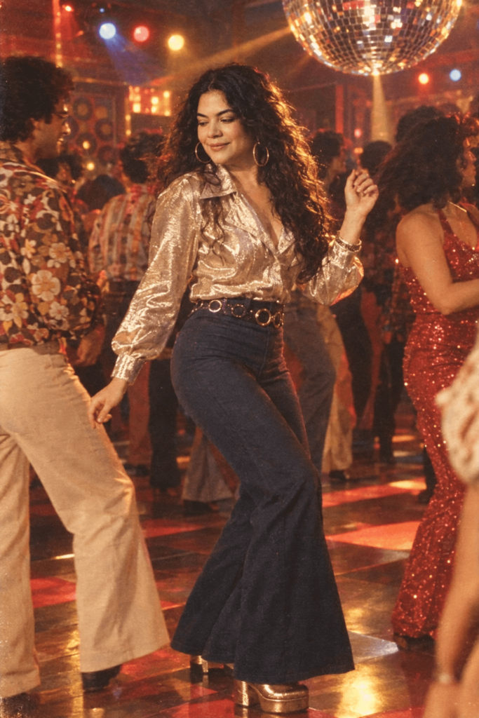 1980s disco dancer portrait featuring retro fashion, platform shoes, and nightclub lighting