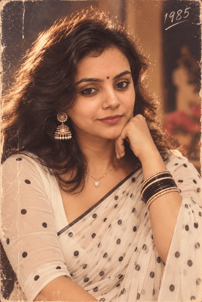 1980s Bollywood-inspired portrait of a woman wearing a traditional polka dot sari and vintage jewelry