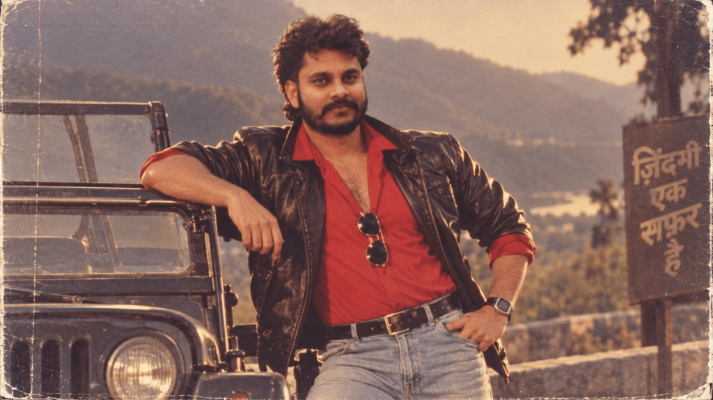 1980s Bollywood hero-inspired portrait of a man posing beside a vintage jeep