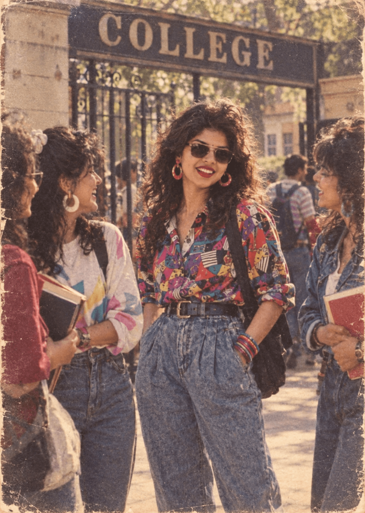 1980s college fashion portrait of a stylish woman wearing retro sunglasses and colorful denim clothing