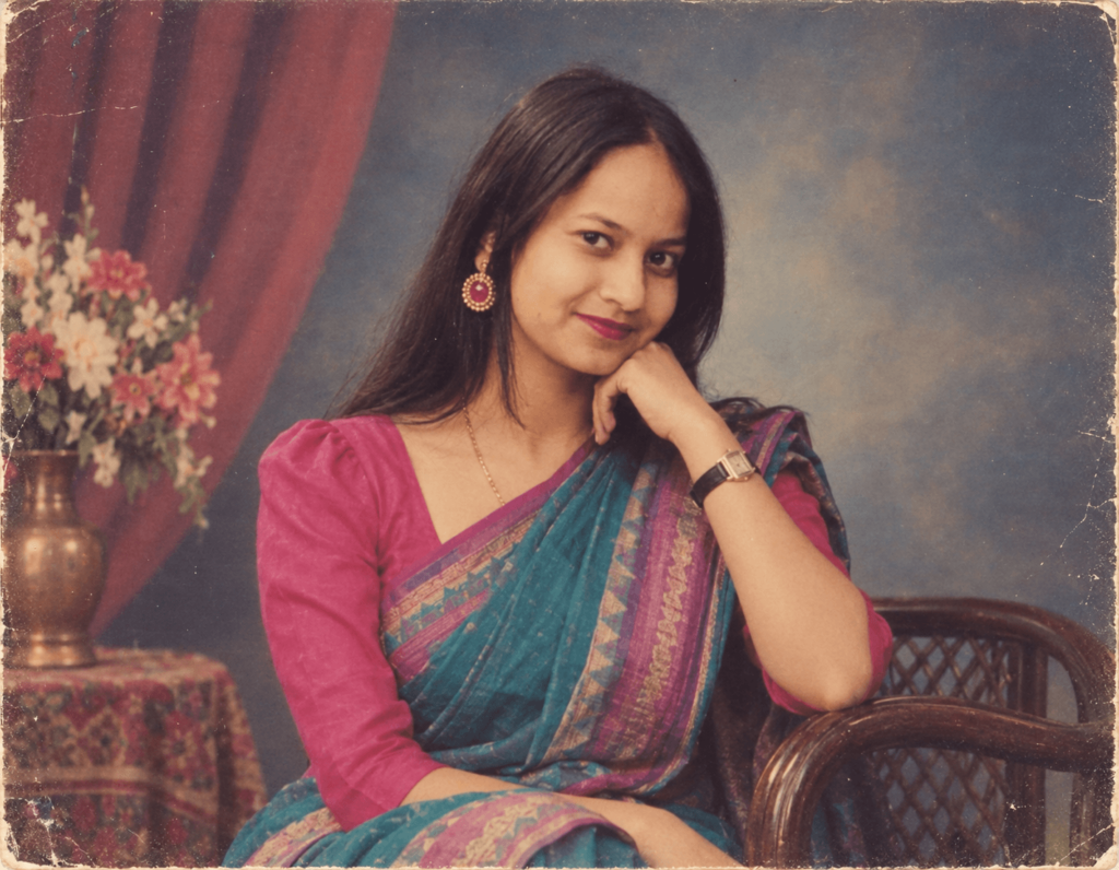 1980s Indian woman wearing a colorful sari in a vintage studio portrait