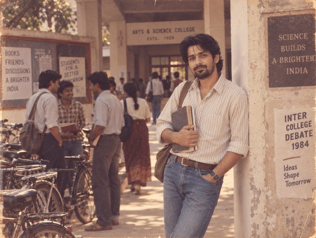 1980s college campus portrait of a student carrying books in a vintage setting
