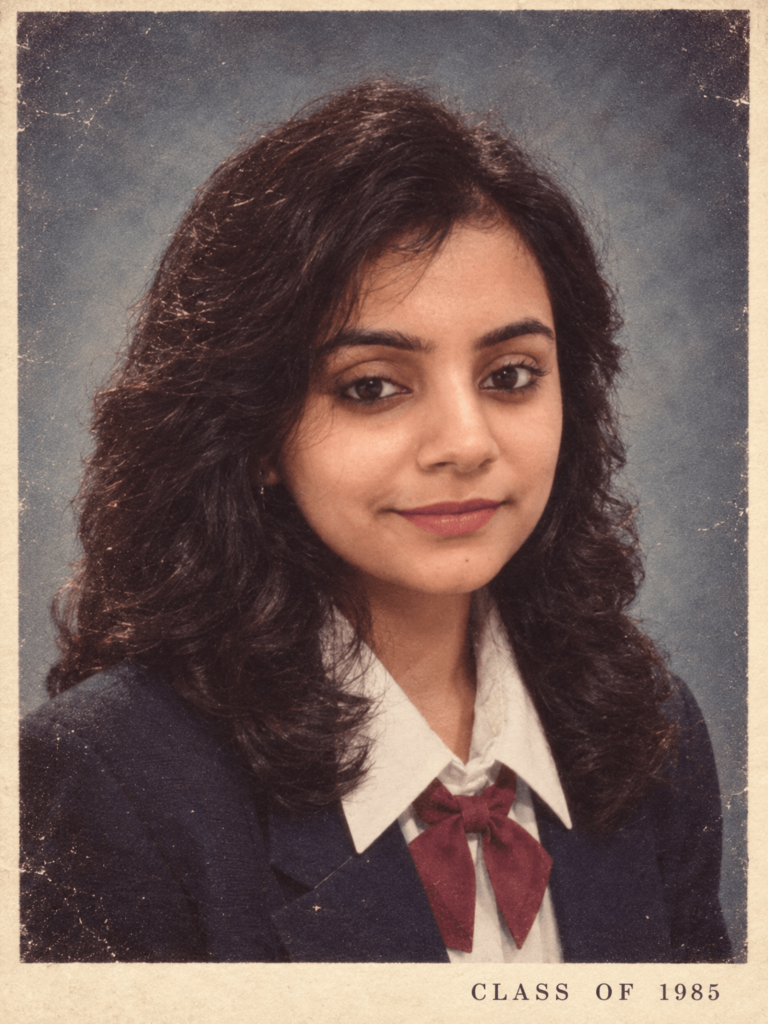 1985 high school yearbook portrait featuring a classic 1980s hairstyle and school uniform