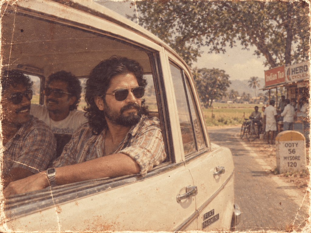 Vintage 1980s road trip photo of friends traveling in a classic Fiat car