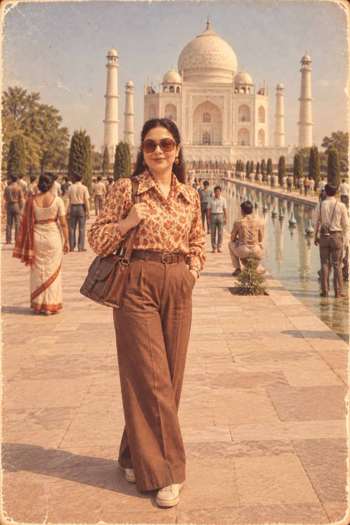 1980s vintage tourist portrait of a woman posing in front of the Taj Mahal