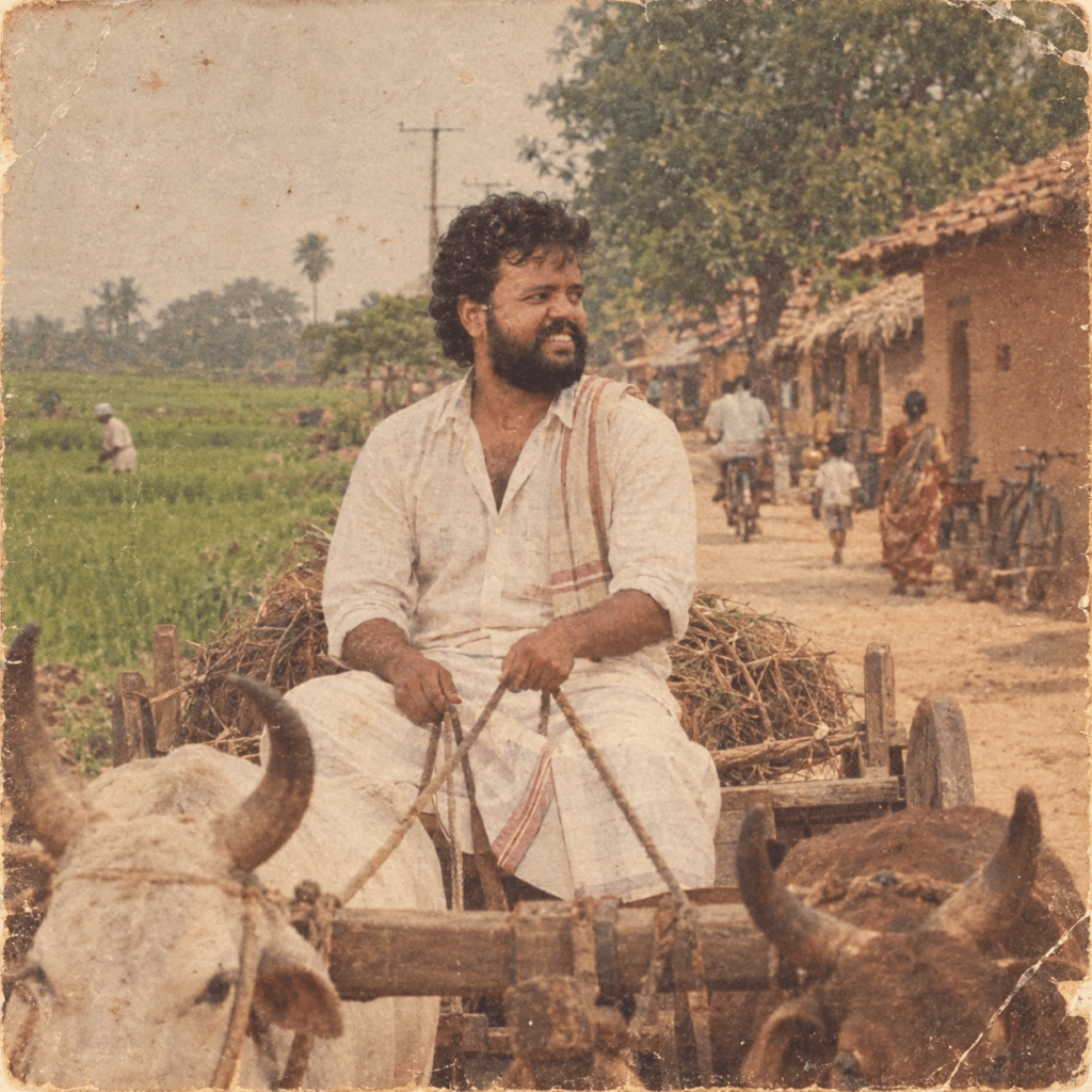 1980s vintage Indian village portrait of a man riding a traditional bullock cart through the countryside