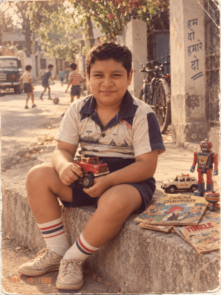 1980s childhood memory of a boy playing with vintage toys outdoors