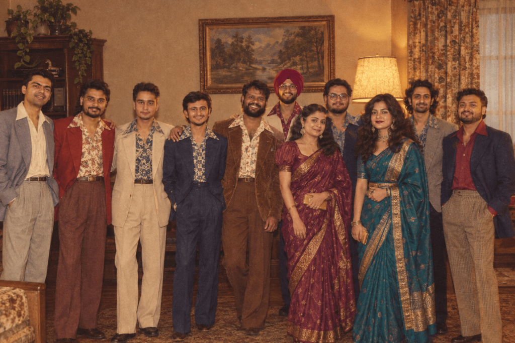 Vintage 1980s family group portrait featuring retro clothing and traditional Indian attire