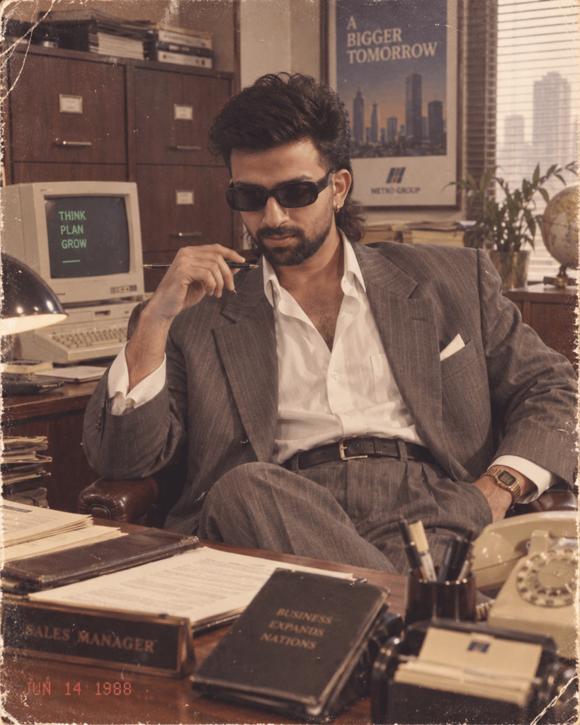 1980s retro businessman sitting at an office desk in vintage formal clothing