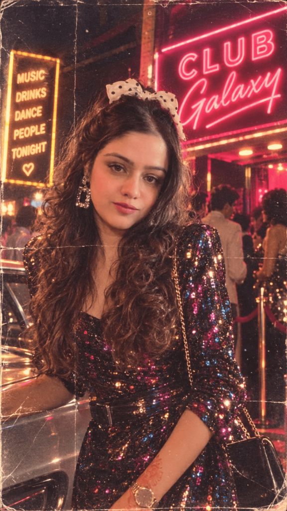 1980s disco nightlife portrait of a woman wearing a sequined dress under neon lights