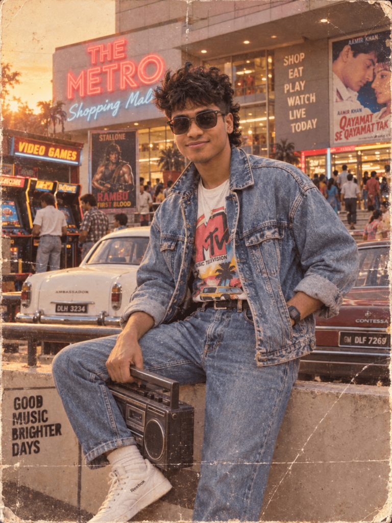 1980s-inspired millennial fashion portrait of a young man outside a shopping mall