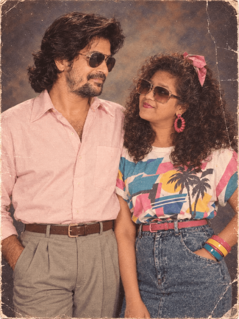 1980s vintage couple portrait featuring retro fashion and sunglasses