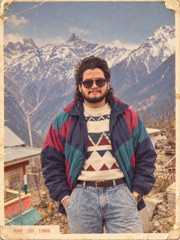 1980s retro portrait of a man wearing sunglasses in the Himalayan mountains