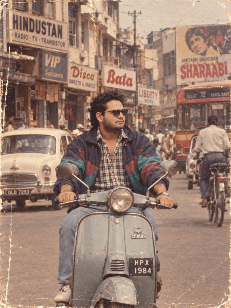 1980s vintage Indian street scene featuring a man riding a Bajaj Chetak scooter