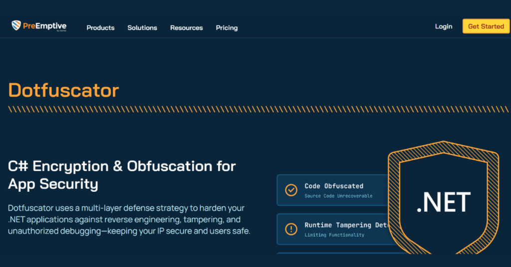 Dotfuscator .NET code obfuscation software for protecting applications against reverse engineering, tampering, and unauthorized debugging.