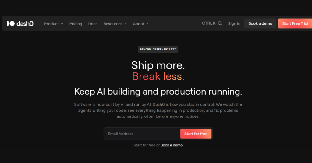 Dash0 observability platform homepage with AI-powered software monitoring and automated production issue resolution.