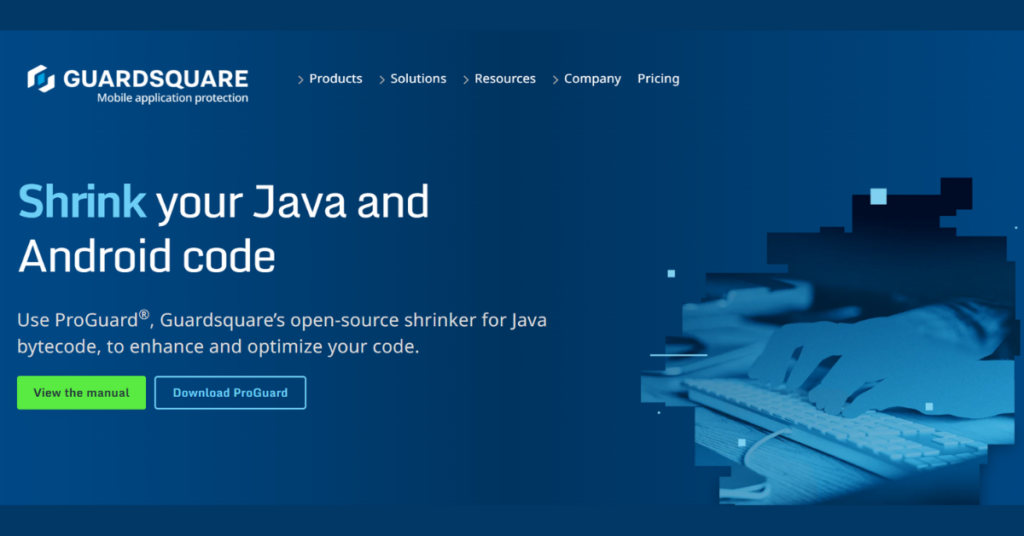 Guardsquare ProGuard homepage promoting Java and Android code shrinking and optimization for application security.