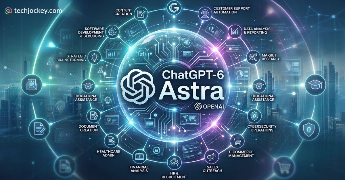 ChatGPT-6 Astra AI graphic showing AI use cases including content creation, customer support, data analysis, cybersecurity, finance, HR, sales, and education.ChatGPT-6 Astra AI graphic showing AI use cases including content creation, customer support, data analysis, cybersecurity, finance, HR, sales, and education.