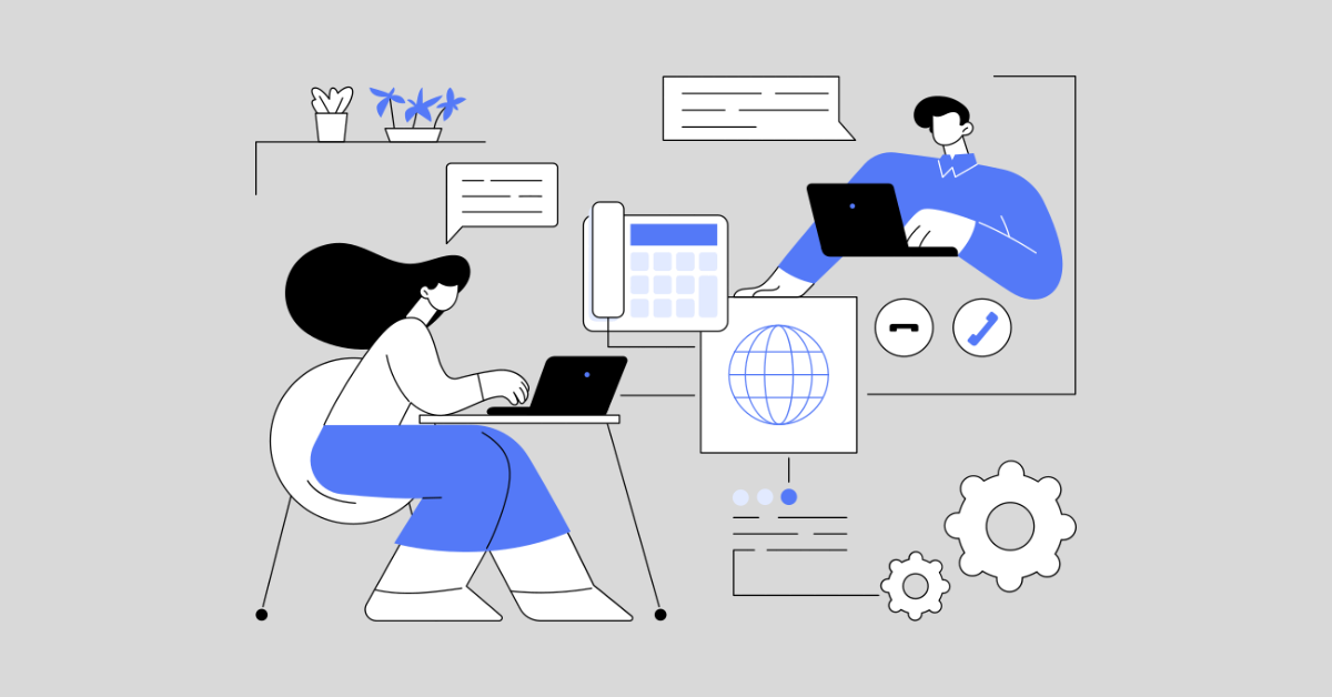 Illustration of professionals using laptops, phone, and digital tools to communicate remotely, representing Sproutli integrated telephony for education CRM.