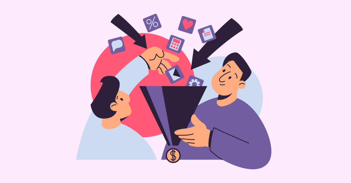 Illustration of sales funnel optimization with marketing icons, customer engagement, and lead conversion.