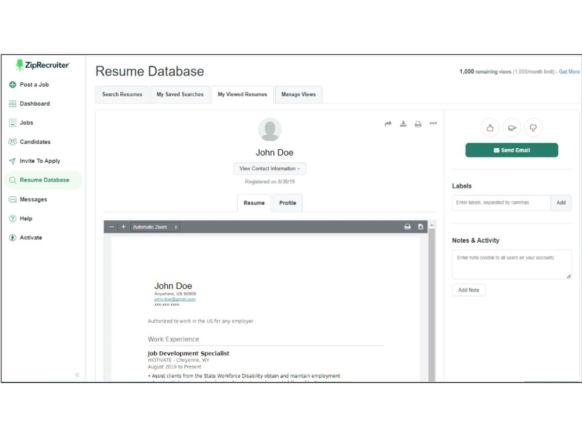 ZipRecruiter-resume database