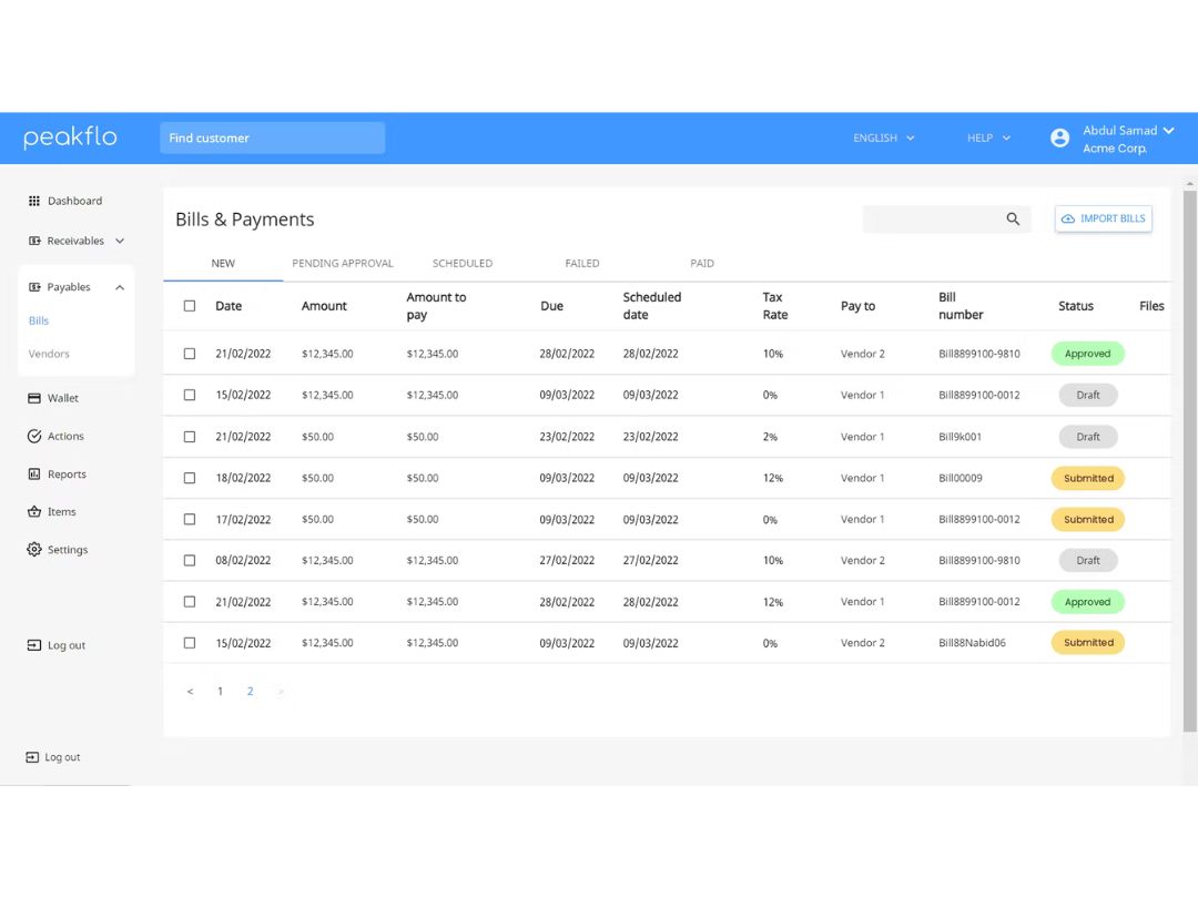 Peakflo-bills and payments