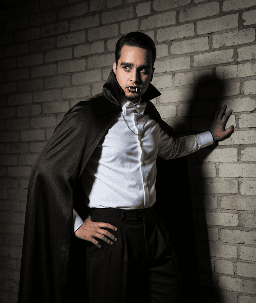 Person styled as a classic vampire with pointed fangs and dark cloak, standing against a red-lit background.