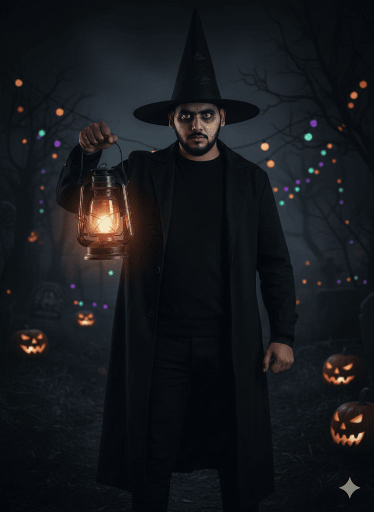 Subject stands outdoors at dusk, holding a glowing lantern while wearing autumn clothing.