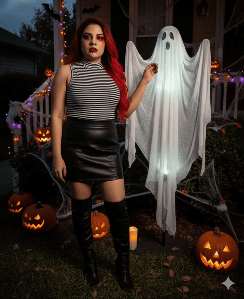 Person smiles and poses next to a costumed ghost figure in a festive room decorated for Halloween.